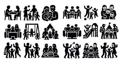 Fototapeta premium Series of black and white icons depicting various family activities. The icons include a family sitting around a table, a family playing in a park, and a family enjoying a meal together
