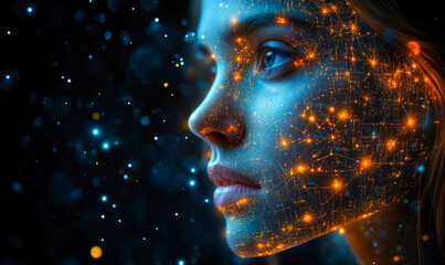 Profile of futuristic female face illuminated with glowing digital neural network connections and blue light particles on dark background representing artificial intelligence technology concept