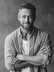 A man with a beard standing with his arms crossed