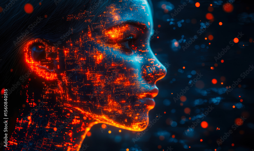 Poster futuristic digital human profile with glowing orange data streams and futuristic technology elements