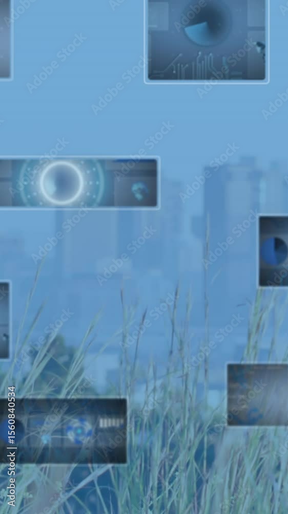 Poster animation of scopes scanning and data processing over cityscape