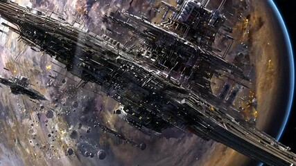 Massive space structure, detailed architecture, orbiting brown planet Complex, futuristic design - Powered by Adobe