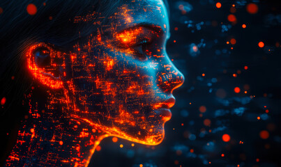 Futuristic digital human profile with glowing orange data streams and futuristic technology elements in dark background for AI concept and advanced computing visualization