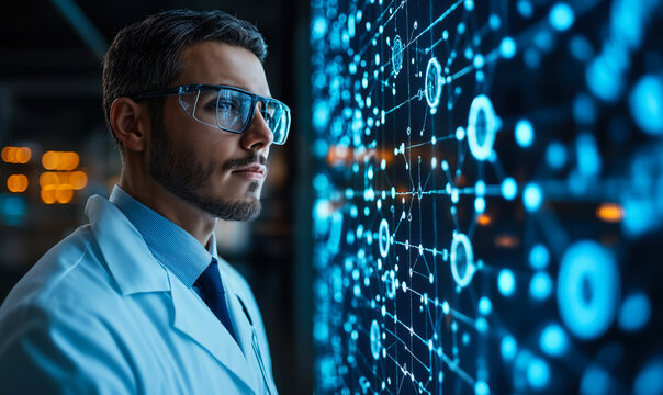 Scientist with protective glasses analyzing futuristic digital network interface with glowing data nodes and connections in dark lab environment