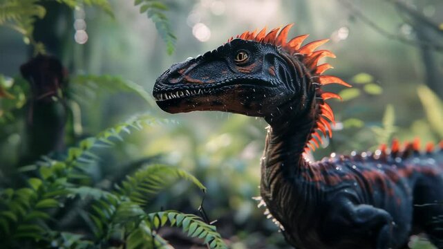Close up feathered velociraptor dinosaur carnivore prehistoric extinct animal 