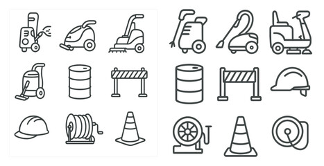 Set of icons for various cleaning and maintenance tools. The icons include a vacuum cleaner, a pressure washer, a broom, a mop, a bucket, a shovel, a wheelbarrow, a fire hydrant, a traffic cone