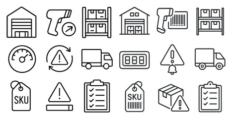 Collection of icons for a warehouse or shipping company. The icons include a scale, a truck, a forklift, a barcode scanner, and a clipboard