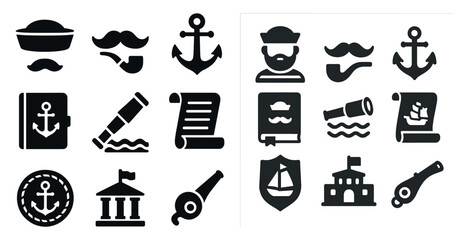 Obraz premium Collection of various icons, such as a ship, a book, a pen, a compass, and a building, are displayed in a grid. The icons are all black and white, and they convey a sense of adventure