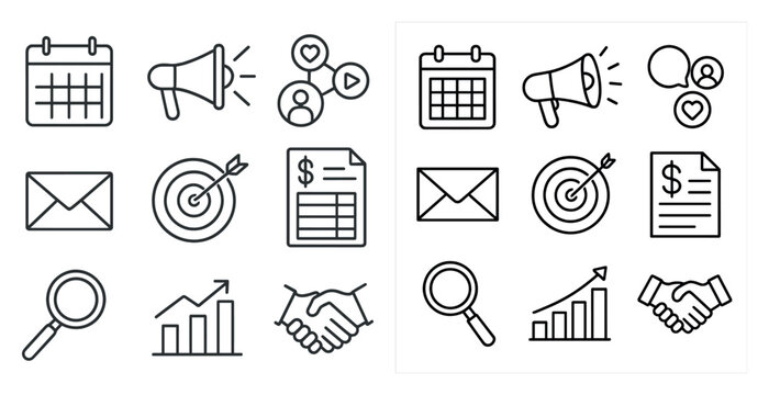 Set of icons for a calendar, email, and other office supplies. The icons are all black and white and include a calendar, a dollar sign, a dollar bill, a dollar sign with a dollar bill