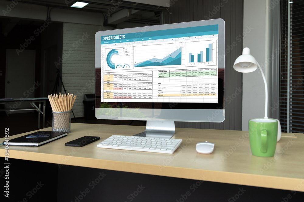 Poster spreadsheet document information financial startup concept. data and graphs in spreadsheet documents