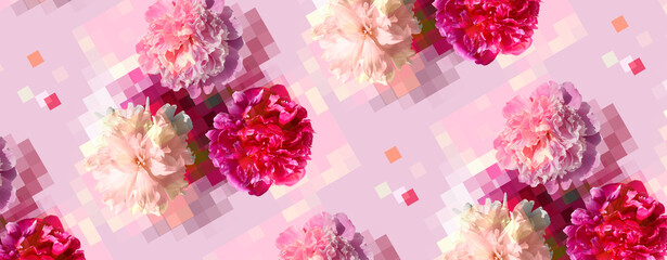 Pattern with white and pink peony flowers on a light pink background. Floral collage with pixel...