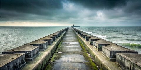 Fototapeta premium A long concrete pier stretches into a moody ocean, with waves crashing against its edges. The sky is overcast, creating a dramatic atmosphere during twilight hours