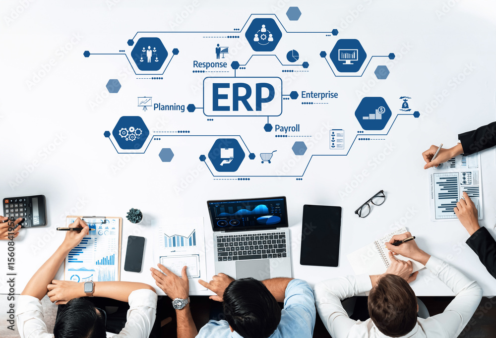 Aufkleber Professional team engaged in business planning and response strategy using ERP systems, featuring charts, graphs, and technology for efficiency and growth. Amity