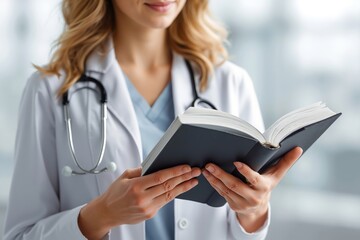 A woman in a white lab coat holding a book and a stethoscope