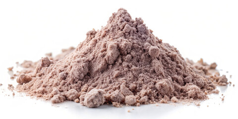 A fine brown powder is heaped on a clean white surface. The texture is soft and slightly granular, suggesting it may be a food ingredient or supplement used in various recipes or health drinks