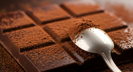 Cocoa powder sprinkled over a chocolate bar and spoon
