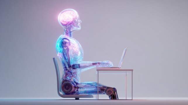 AI robot works at a laptop, showing the future of technology with artificial intelligence in a digital glowing neon workspace.