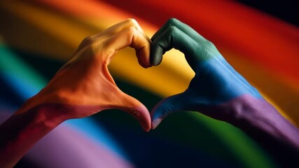 Vibrant rainbow hands forming heart against lgbt pride flag background - Powered by Adobe