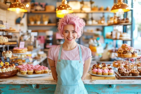 A woman with pink hair standing in front of a counter with cupcakes
