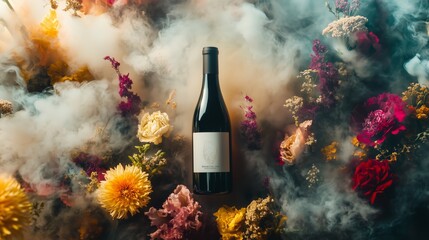 Creative wine bottle display surrounded by vibrant flowers and fog in an artistic arrangement