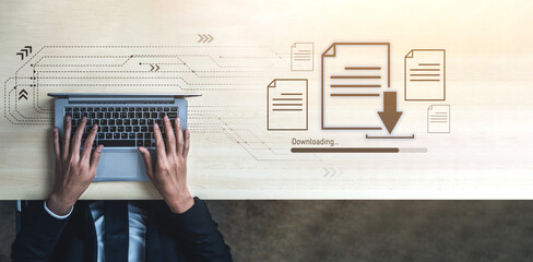 Visual representation of digital document downloading, showing file transfer, data access, and...