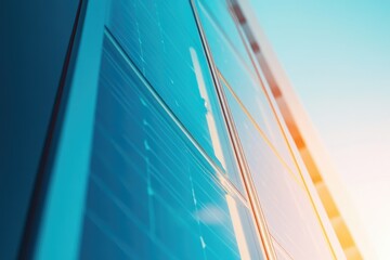 Close-up view of a modern building's blue solar panels reflecting sunlight.