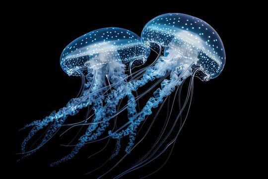 Two bioluminescent jellyfish gracefully swim in the dark ocean depths, their ethereal beauty captivating.