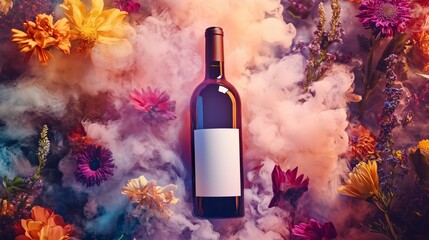 Colorful wine bottle surrounded by flowers and smoke creating a vibrant artistic composition