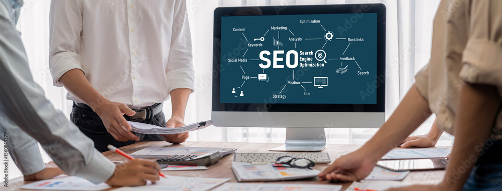 Aufkleber SEO search engine optimization for brisk e-commerce and online retail business showing on computer screen