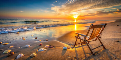 A wooden chair rests on a sandy beach adorned with beautiful seashells. The setting sun casts a warm glow over the calm waves and distant horizon