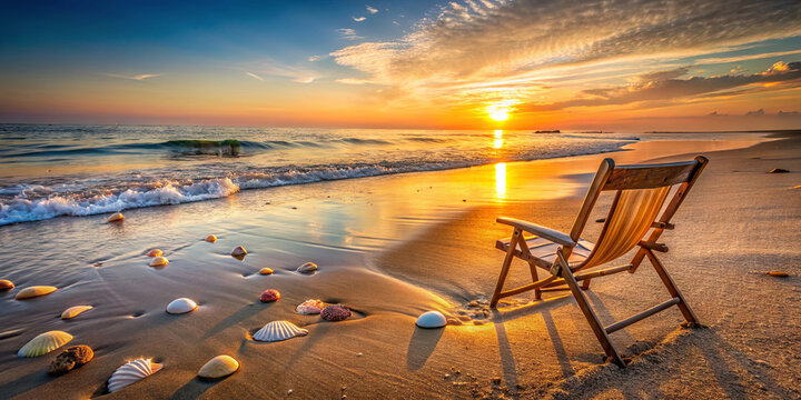 A wooden chair rests on a sandy beach adorned with beautiful seashells. The setting sun casts a warm glow over the calm waves and distant horizon