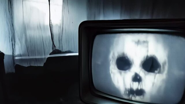 Vintage TV displaying sinister skull silhouette within dark, deteriorating interior, generating ominous paranormal ambiance for horror design elements