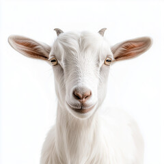 White goat smiling with friendly expression against white background  