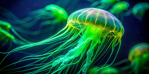 Naklejka premium Jellyfish move fluidly through deep blue waters, their delicate, translucent bodies illuminated by bioluminescent colors. This serene underwater activity highlights nature’s beauty