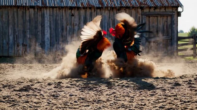 Aggressive roosters fighting, feathered rivals clashing and kicking dust during territorial standoff near weathered wooden fence