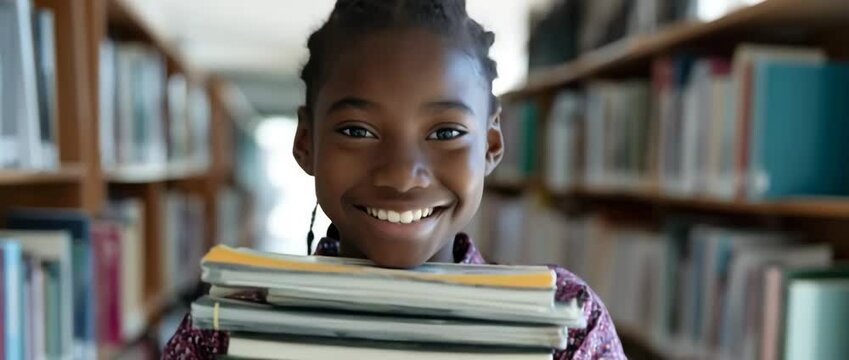 Smiling student holding books in library aisle with brightness and confidence