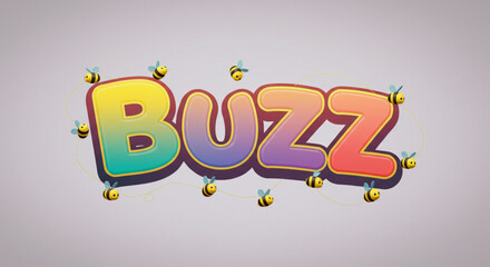 Vibrant Rainbow Buzz Word Art with Cartoon Bees Fun, Playful Design