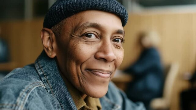 Smiling man in cafe captured in warm, closeup moments with candid expressions