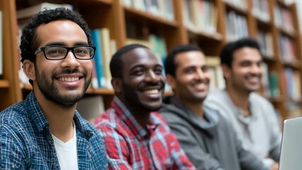 Smiling friends engaged in library discussion, showcasing diversity and togetherness
