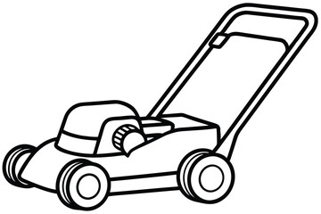 Black and White Line Art Illustration of a Lawn Mower with Handle