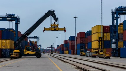 Busy port with a reach stacker moving containers along the rail tracks, illustrating global logistics and transport footage. - Powered by Adobe