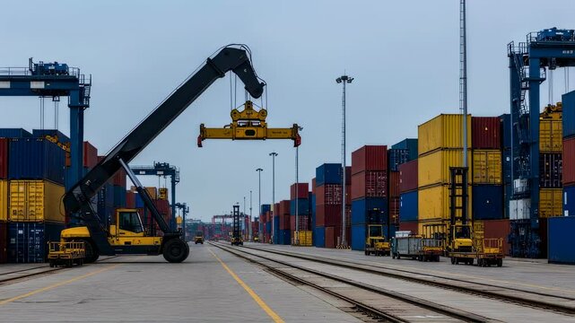 Busy port with a reach stacker moving containers along the rail tracks, illustrating global logistics and transport footage.
