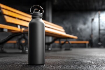 Modern black water bottle mockup gym bench minimalist backdrop  
