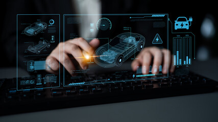Technical layout of electric vehicle showing battery system, power control, traction motor,...