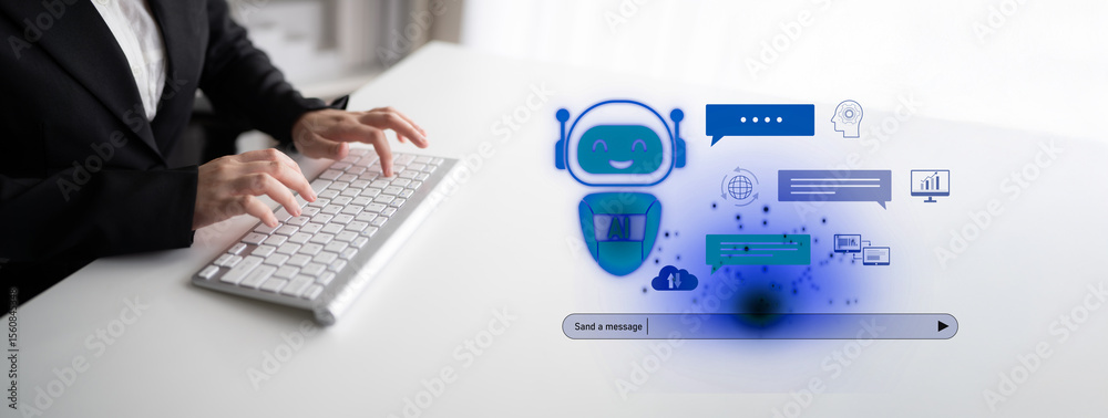 Poster ai chatbot improves virtual assistant interaction. ai chatbot processes text, supports users, ai cha