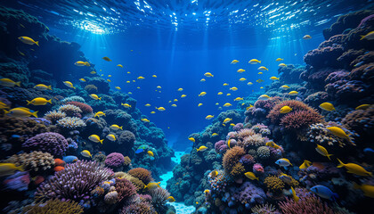 Fototapeta premium A thriving coral reef showcases an array of colorful fish swimming among soft and hard corals. Sunlight filters through the water, enhancing the vibrant scenery