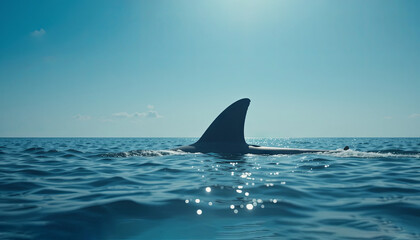 Fototapeta premium A shark fin appears above the tranquil surface of the ocean, with sunlight illuminating the water. This moment captures the beauty and mystery of marine life in a serene setting