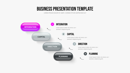 Naklejka premium Marketing Report Four Option Diagram Slideshow Template. Market Profile 4 Element Infographic Slide Design. Sales Performance Frame Layout Vector Illustration.