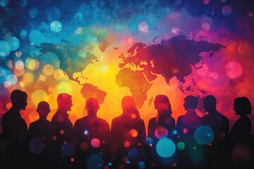 Silhouette of Group of Diverse People with Colorful World Map