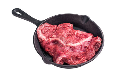 Ready for grilling Raw hanging tender or Hanger beef steak in a pan isolated on white background....